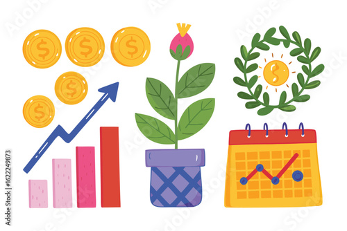 Financial Growth and Prosperity: A visual representation of economic progress, illustrated through a collection of gold coins, a growing plant, rising graphs, and a calendar.