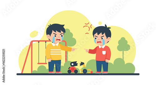 Angry Children Arguing About a Broken Toy at The Playground Illustration