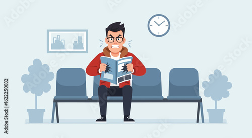 Angry Man Reads Newspaper in the Waiting Room with Negative Headlines
