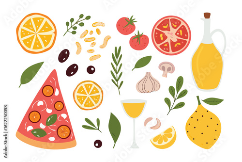Fresh Mediterranean Ingredients: A colorful composition of fresh, appetizing ingredients. Displaying the art of simple, delicious, and healthy meals.