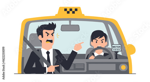 Angry Passenger Confronting Cabbie About Route During Taxi Ride In Urban Environment