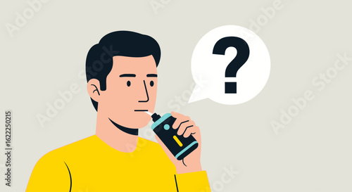 A young man holds a vape pen with a question mark in a speech bubble, illustrating uncertainty about vaping.