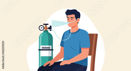 A man sits on a chair receiving oxygen therapy from a green tank through a nasal cannula.