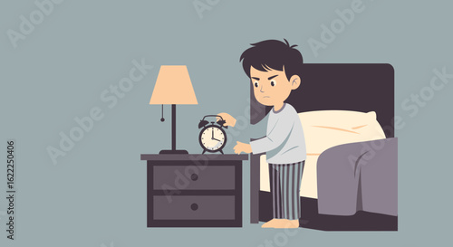 Annoyed Teenager Turning Off Alarm Clock In Bedroom In The Early Morning