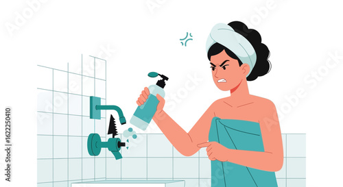 Annoyed Woman Facing Plumbing Issue In Bathroom During Cleaning Routine