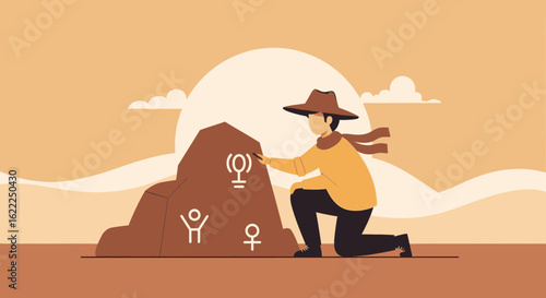 Anthropologist Study Ancient Inscriptions On Rock With Sunset Landscape Background