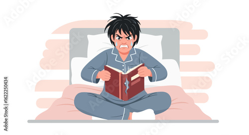 Annoyed Young Man Reading a Book in Bed Showing Frustration and Anger