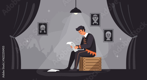 Anxious Actor Prepares For A Performance On Stage With Sad Portraits