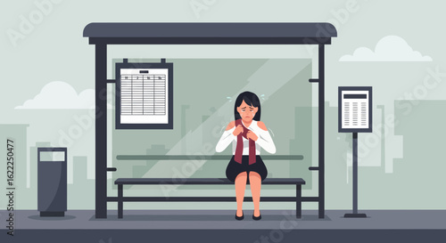 Anxious Commuter Woman Waiting At A City Bus Stop Looking Concerned
