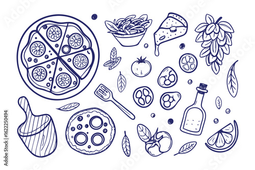 Pizza Delight: An artistic overhead view, hand-drawn collection of pizza, salad, oil, and toppings, celebrating culinary creativity and tempting the taste buds. 