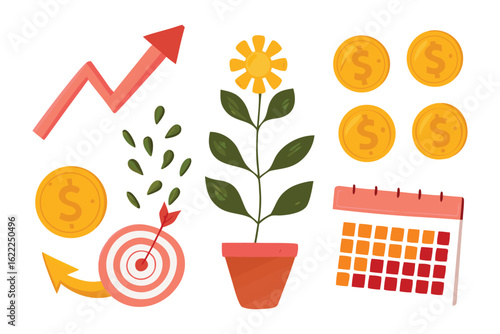 Financial Growth: A graphic compilation that paints the picture of financial growth and prosperity, featuring a blossoming flower, soaring charts, currency symbols, and calendars.