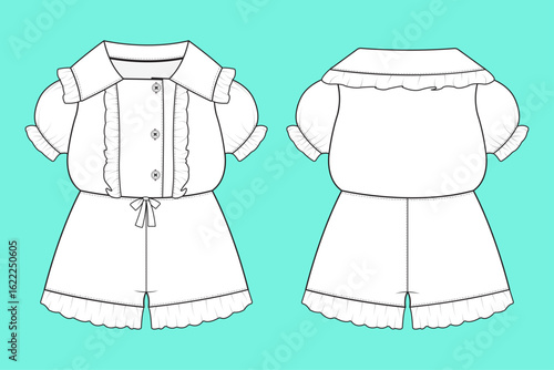 Baby Girls Puff Sleeve Dungarees Design Dress Fashion Flat Sketch Technical Drawing CAD Mockup Front and Back Views.