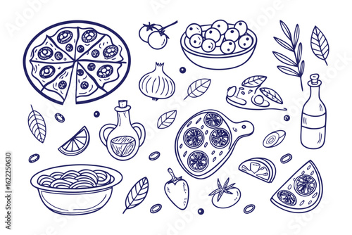 Pizza Ingredients: A delightful illustrated collection showcases a mouthwatering assortment of fresh ingredients that enhance the appeal of classic pizza and elevate every culinary creation.