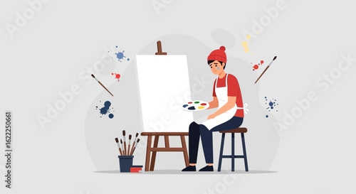 Artist Feeling Uninspired In Front Of The Canvas Ready To Start Painting