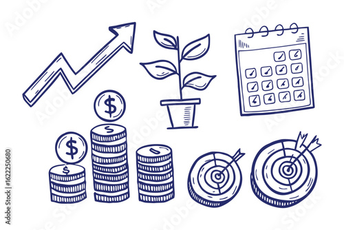 Financial Growth Symbols: A hand-drawn sketch highlights the concepts of finance and success, featuring growing plants, financial goals, and coin stacks symbolizing financial growth. 