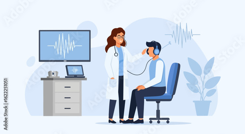 Audiology Examination Doctor Checking Patient Hearing With Audiometry Equipment