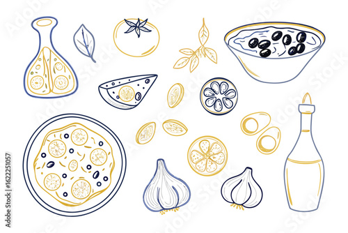 Culinary Collage: A meticulously crafted illustration showcasing a delectable assortment of culinary ingredients, highlighting the art of gastronomy with a focus on freshness and flavor.