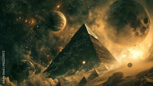 A pyramid of wisdom, surrounded by planets. Eternal temple of wisdom, esoteric, hermetic and cabal fantasy concept.