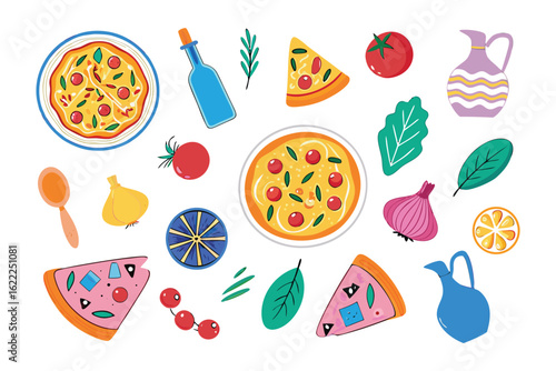 Pizza Party: A vibrant illustration of various pizzas alongside fresh ingredients and culinary items, a mouth-watering and visually appealing design.