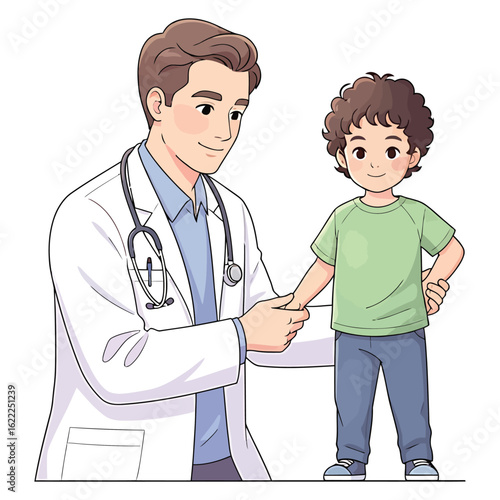 Friendly pediatrician examining a young boy during a medical checkup illustration