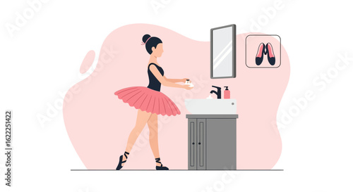 Ballerina In Tutu Washing Her Hands Thoroughly In Bathroom Hygiene Practicing