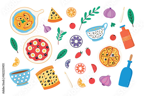 Culinary Composition: A vibrant assortment of fresh, delicious food, artfully arranged, ready to tantalize your appetite and inspire your next culinary creation.