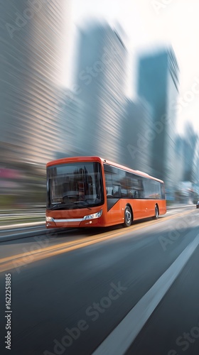 Orange bus moving through a city street.