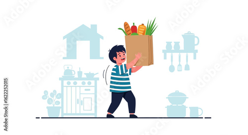 Boy Carries Grocery Bag Home From The Store With Kitchen Background