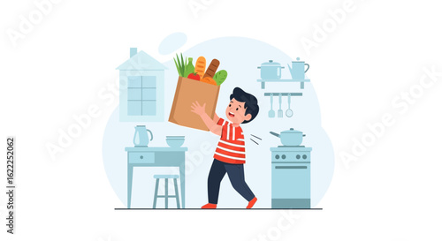 Boy Carries Grocery Bag With Fresh Food Into Home Kitchen Interior