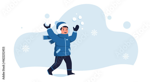 Boy Enjoying A Winter Snowball Fight Outdoors Cartoon Illustration Vector