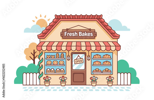 Cozy Bakery Shop with Fresh Bread and Pastries in Display Windows