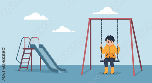 Boy Experiencing Loneliness At Playground Sitting Idle On Swing