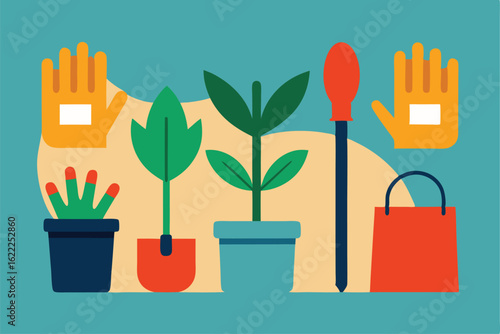 gardening tools and flowers