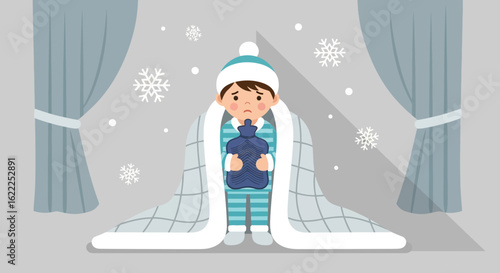 Boy Feeling Cold Holding A Hot Water Bottle In Winter Season Illustration