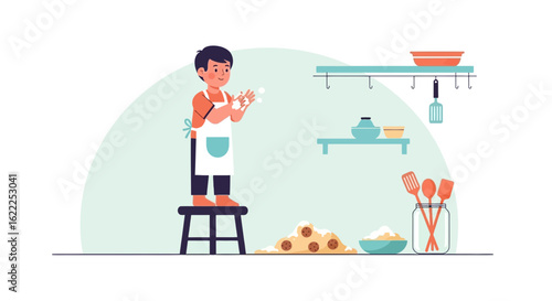 Boy Having Fun Baking Cookies In The Kitchen With Ingredients Mess And Tools