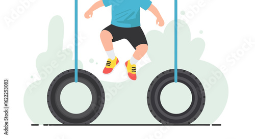 Boy Having Fun Swinging On Tire Swings At The Park On Summer Time