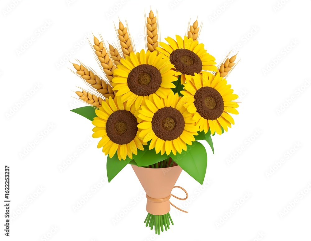 Obraz premium A bouquet of sunflowers and wheat stalks, tied with twine, on a white background