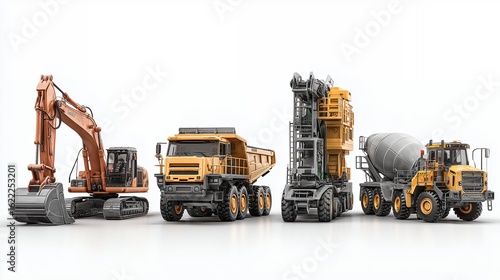 Construction Vehicles Lineup: A fleet of powerful construction vehicles stand in a row, each engineered for a different task.