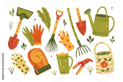 Garden Tools: Collection of various gardening tools, including a shovel, gloves, rake, watering can, and basket, arranged in a colorful and inviting display.