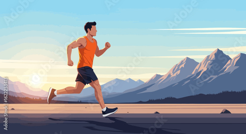 Man jogging at sunrise, majestic mountains backdrop, healthy lifestyle.