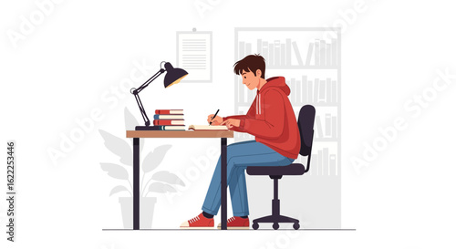 Boy Is Studying And Writing Notes At His Desk In Front Of A Bookshelf