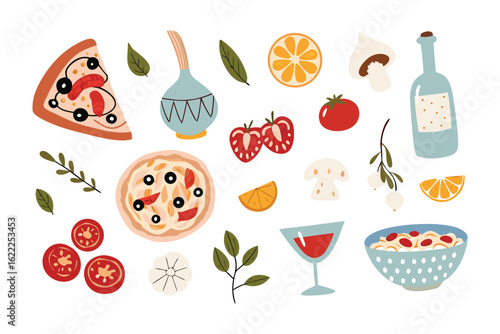 Culinary Assortment: A delightful array of culinary elements, a visually captivating assortment featuring pizza, pasta, and a selection of fresh ingredients