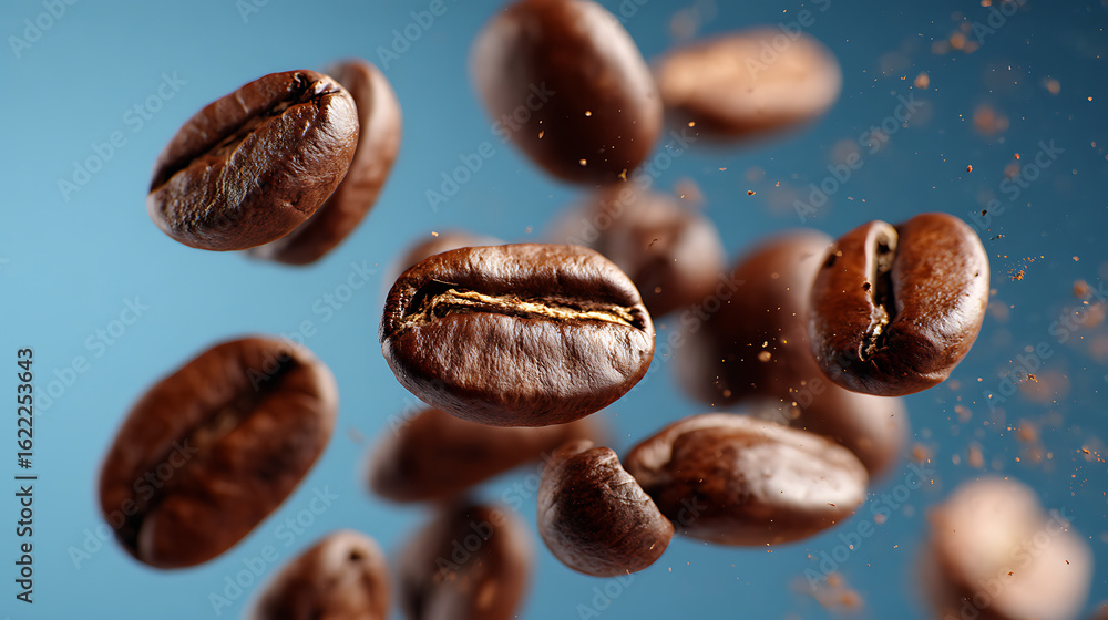 Obraz premium Coffee beans floating in mid-air against a blue background with particles of coffee dust