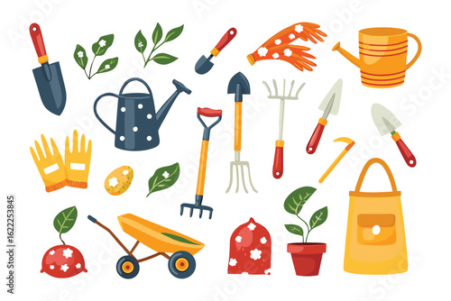 Gardening Tools Illustration: A vibrant array of gardening tools, each ready to assist in the nurturing of a flourishing outdoor space. Including, watering can, trowel, rake.