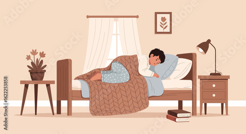 Boy Peacefully Dreaming At Night In Bed In A Cozy Bedroom Interior