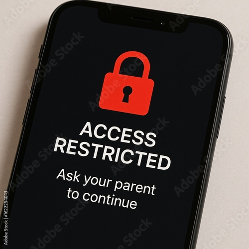 Parental control interface on mobile phone screen showing age restriction and access block for minors
