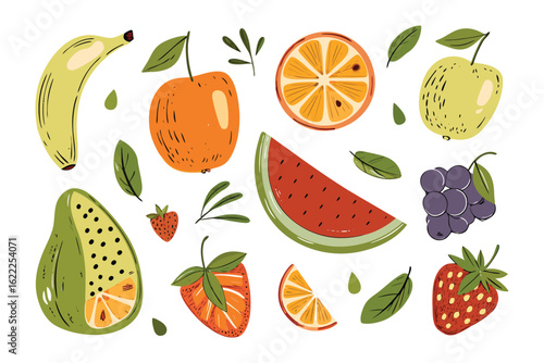Assorted Fruity Delight: An artful arrangement of fresh, vibrant fruits and botanical elements, inviting to the eye and palate, evoking a sense of natural sweetness and culinary inspiration.