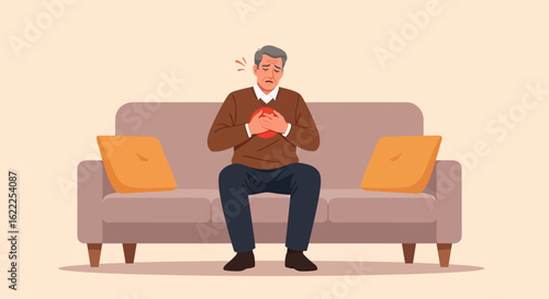 An elderly man suffering from a heart attack or chest pain while sitting on a sofa.