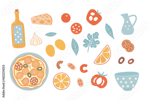 Culinary Collage: A vibrant assortment of fresh pizza ingredients arranged creatively on a pristine surface, a visual feast celebrating the joy of food.