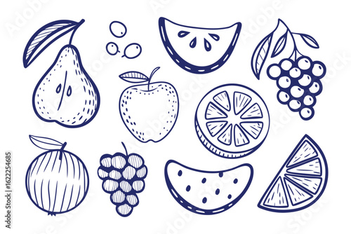 Assortment of Hand-Drawn Fruits: A collection of charming, hand-drawn fruits, including apples, pears, grapes, and more, each illustrated with delicate lines and playful details.